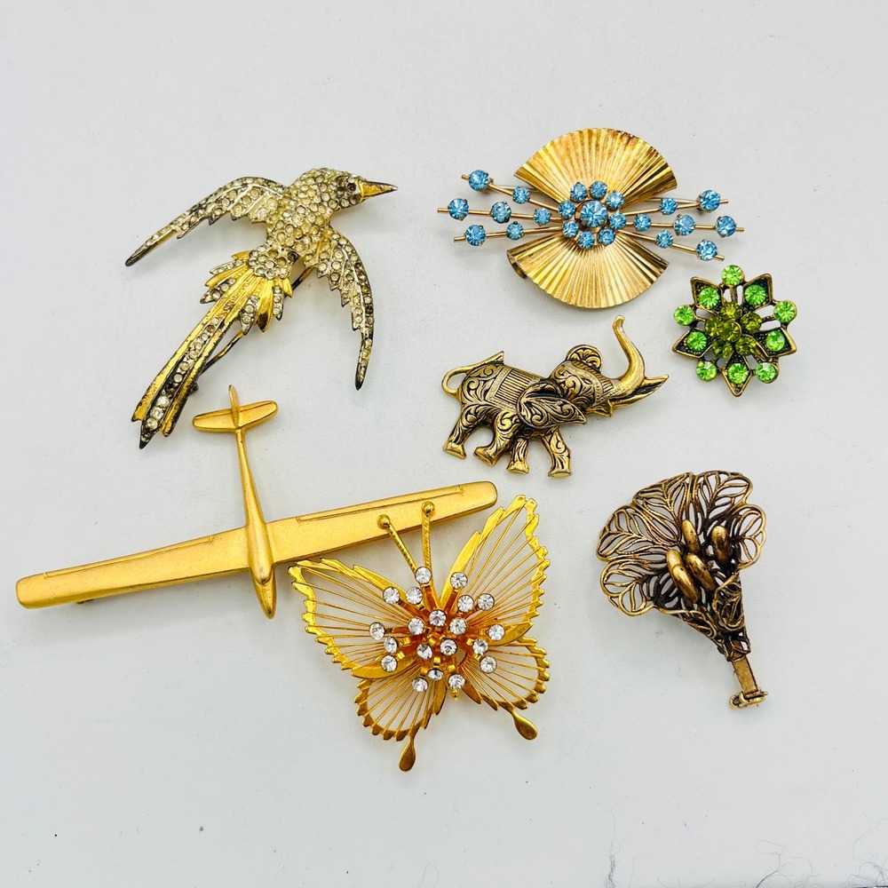 Vintage Brooch Pin Lot Airplane Butterfly Elephant Rhinestone Bird, Flower